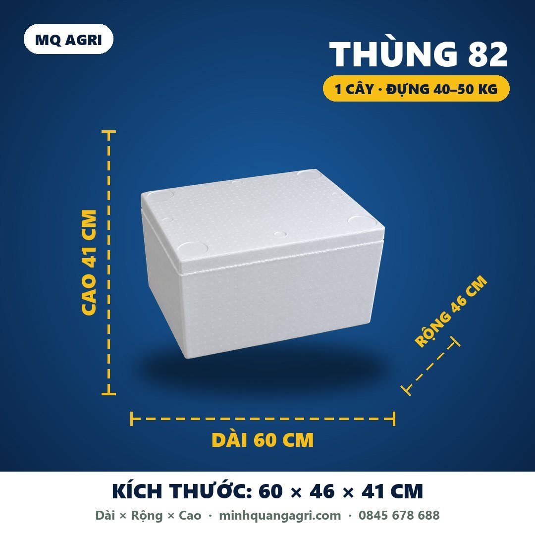 Kích thước thùng xốp 82 (1 cây) 60 × 46 × 41 cm, đựng 40–50 kg